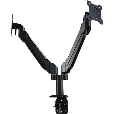 Dual monitor single link desktop arm system with flat-mounting base